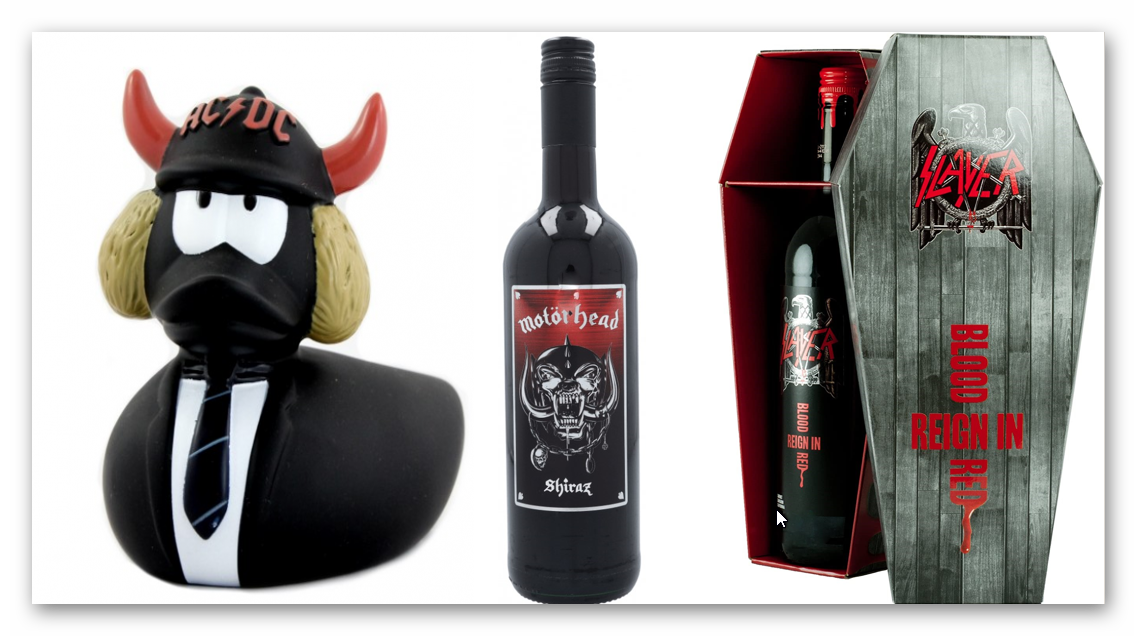 Slayer Sarg ,  1 Fl. Slayer Wein,  AC/DC Ente und 1 Fl. Motörhead Shiraz 